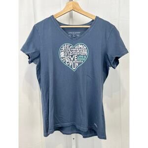 LIFE IS GOOD Short Sleeve V Neck Crusher Tee Shirt Superpower Love Heart Blue L